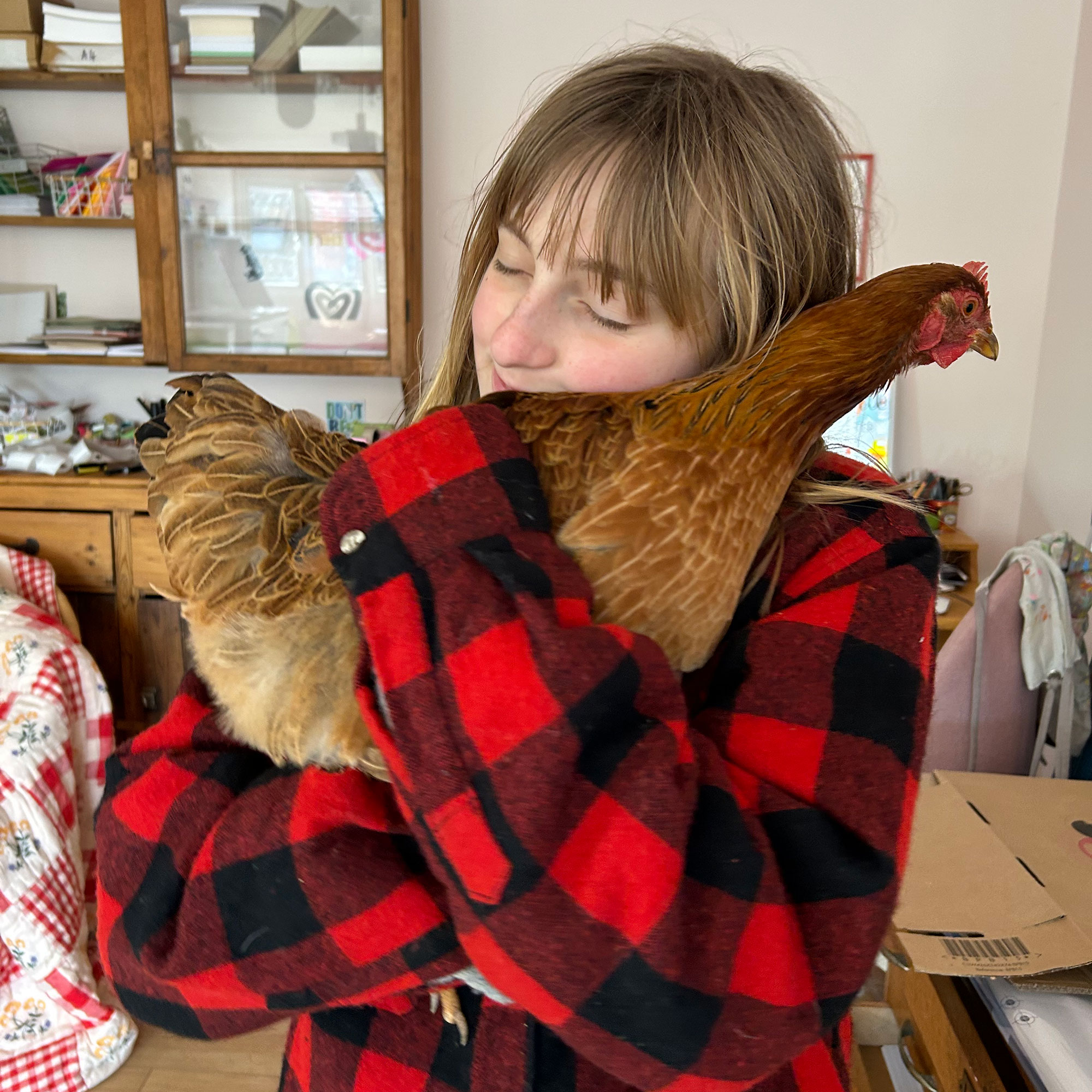 Girl in red flannel shirt cuddling chicken