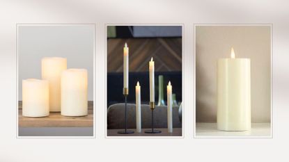 Three of the best flameless candles on a tan collage background.