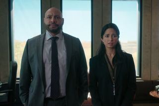 Colton Dunn as Lester Kitchens, Aarti Mann as Violet Ebner in episode 106 of The Recruit.