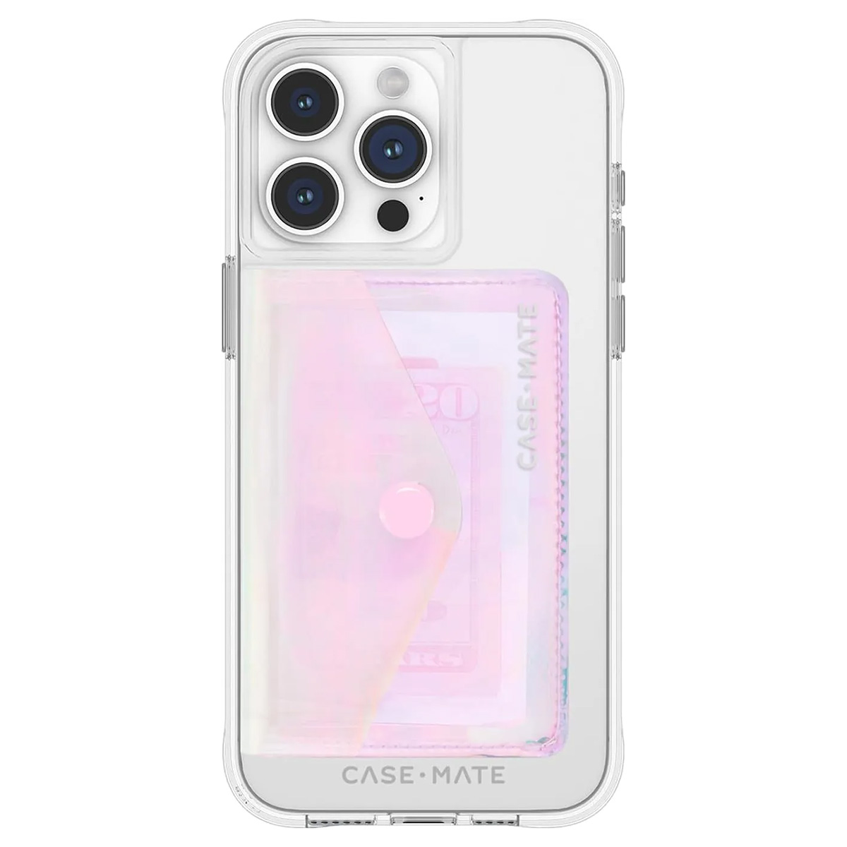 An iridescent magnetic Case-Mate wallet on the back of a white iPhone