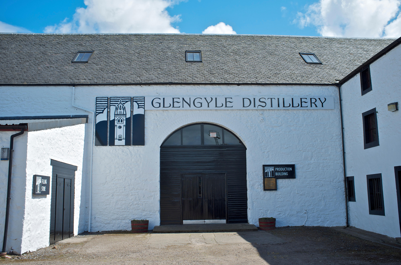 A white distillery building