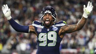 Leonard Williams #99 of the Seattle Seahawks celebrates after a touchdown during the fourth quarter of the NFL Super Bowl LX football game against the New England Patriots, at Levi's Stadium on February 8, 2026 in Santa Clara, California.