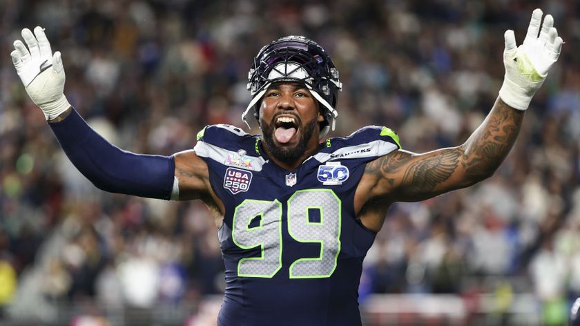 Leonard Williams #99 of the Seattle Seahawks celebrates after a touchdown during the fourth quarter of the NFL Super Bowl LX football game against the New England Patriots, at Levi's Stadium on February 8, 2026 in Santa Clara, California.