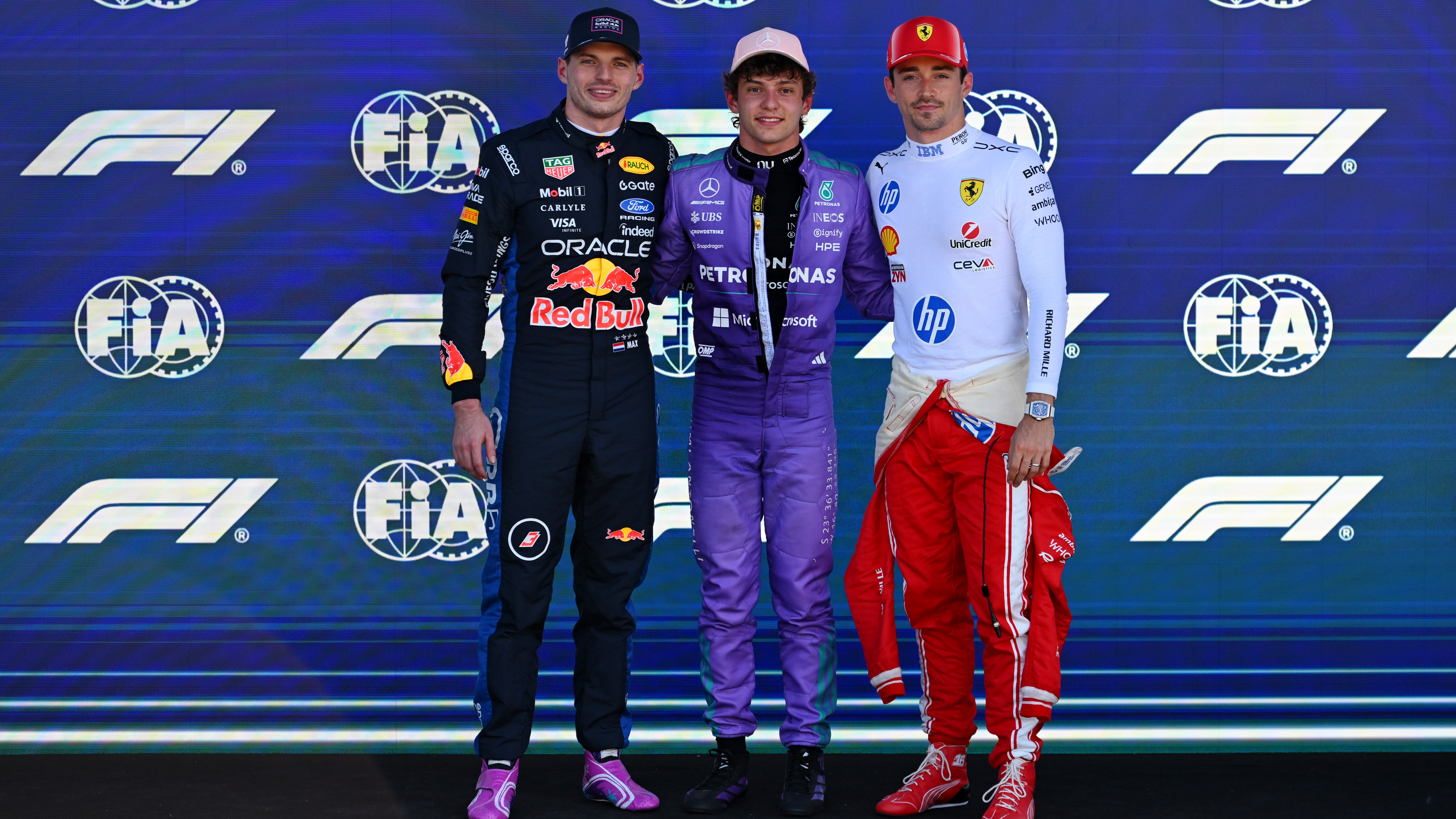 Pole position qualifier Kimi Antonelli, Second placed qualifier Max Verstappen, and Third placed qualifier Charles Leclerc in the Miami GP 2026