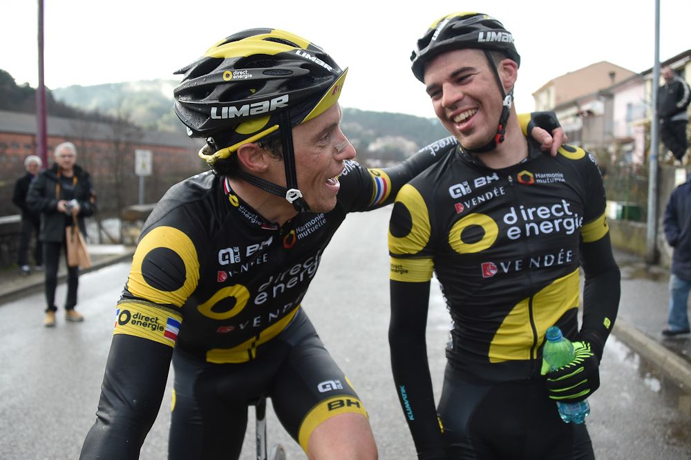Sylvain Chavanel congratulates Lilian Calmejane after he won stage 3 of Etoile de Besseges