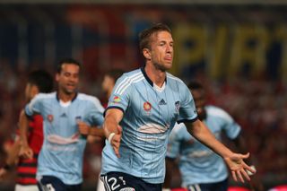 Marc Janko celebrates after scoring for Sydney FC against Western Sydney Wanderers in February 2012.