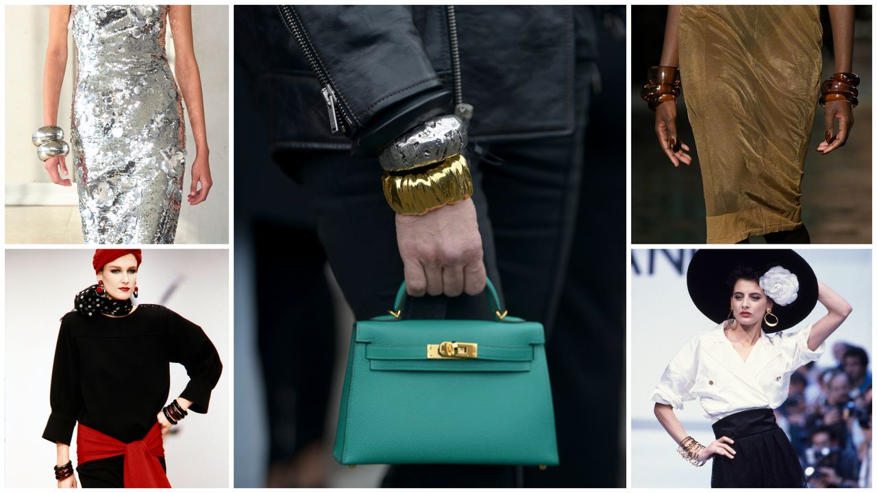 A collage of images of bangles, from Carolina Herrera, Saint Laurent, Chanel, and street style