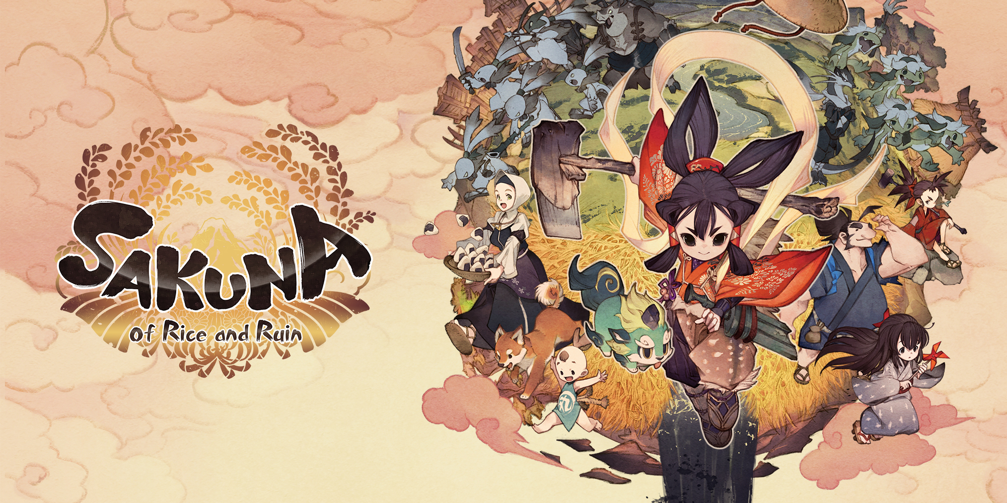 Illustrated cover of "Sakuna: Of Rice and Ruin" features a warrior goddess with a red scarf and rice-themed outfit, surrounded by companions in a vibrant, mythical farmland setting.