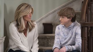 Laura Wright and Asher Antonyzyn as Carly and Jake talking in General Hospital
