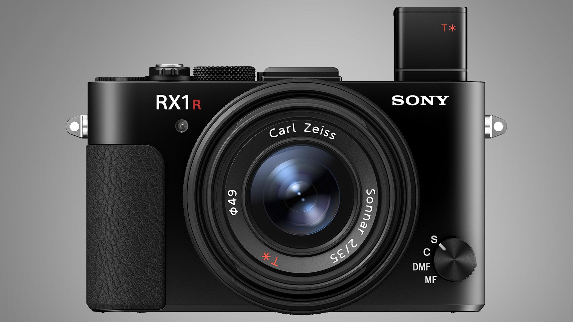The Sony RX1R II camera on a grey background