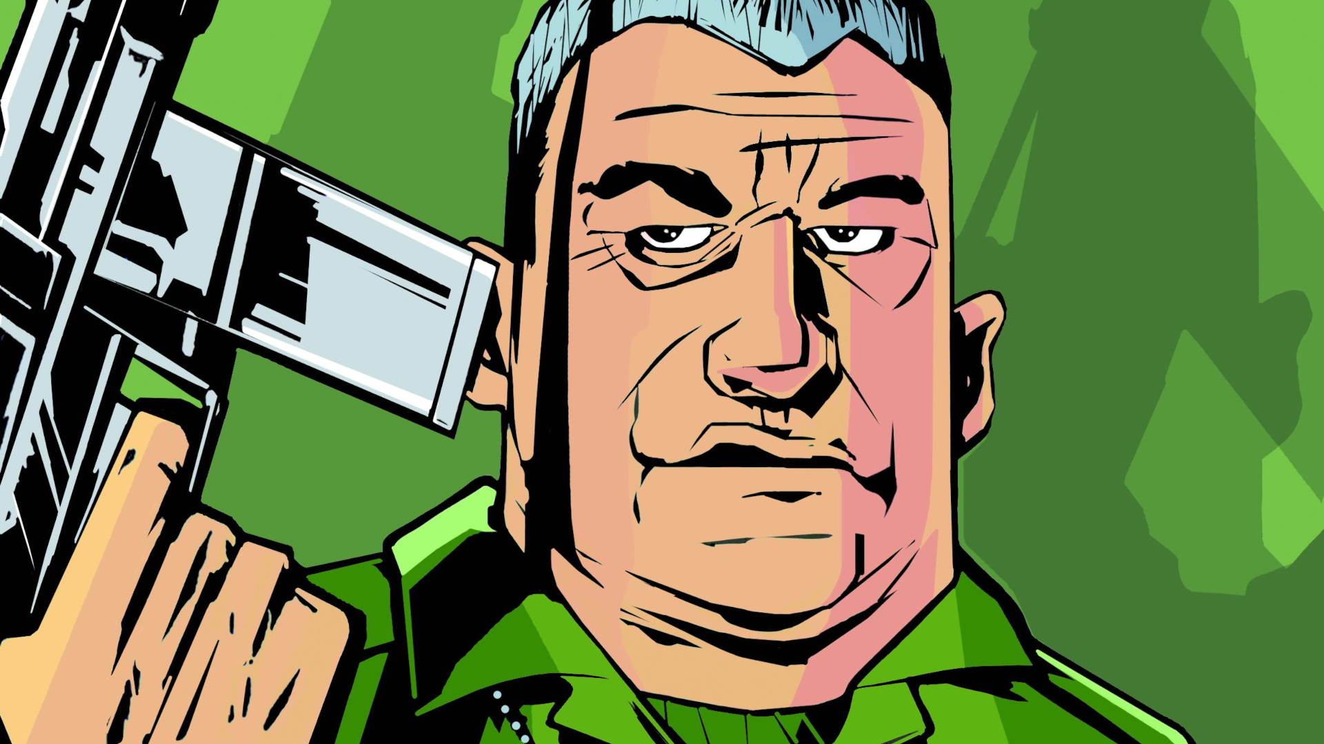 Key art for Grand Theft Auto 3 showing Phil Cassidy, dressed in green on a green background, holding up a rifle, from the PLAY Magazine GTA 3 20th anniversary Making Of feature