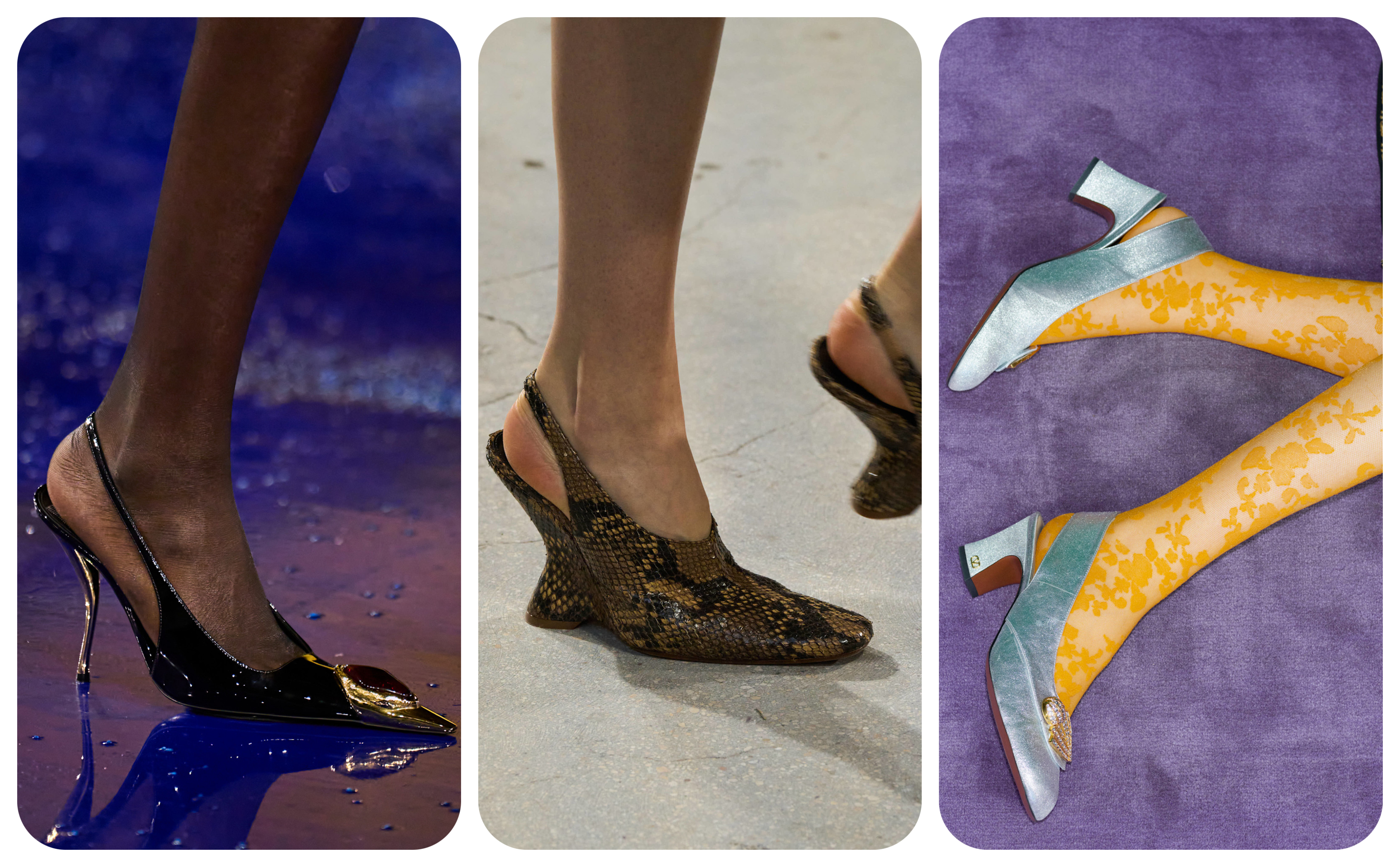 Slingback heels in spring and summer 2025 runways from Saint Laurent, Dries Van Noten, and Valentino