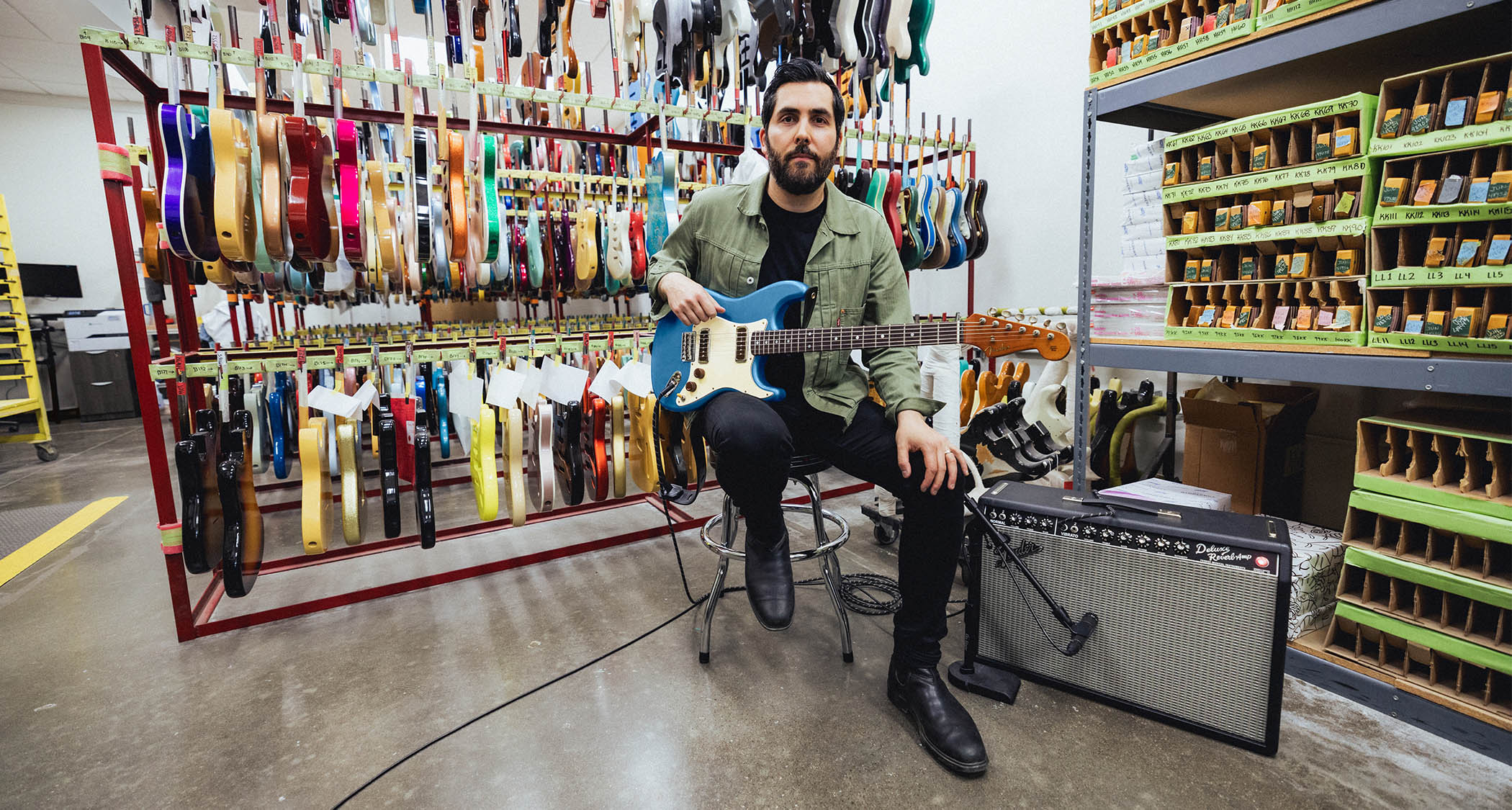 Fender Custom Shop Ariel Posen Stratocaster: Posen's new signature model was inspired by the Jazzmaster and has custom-wound AP-90 pickups. Check out those cupcake-style control knobs.