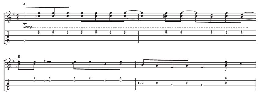 Example 4: A more attacking approach is evident in these doublestops, which continues with the open position phrasing. Try not to think too much of specific strings - go for an overall rhythmic dynamic.