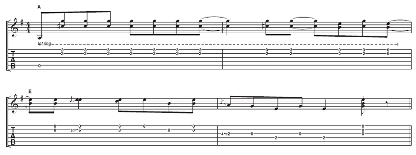 Example 4: A more attacking approach is evident in these doublestops, which continues with the open position phrasing. Try not to think too much of specific strings - go for an overall rhythmic dynamic.