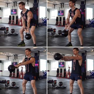 Man demonstrates four positions of the kettlebell swing exercise