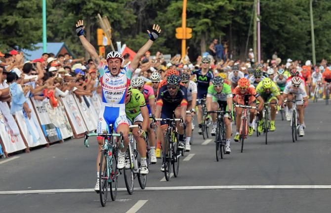 An ecstatic Mattia Gavazzi (Androni Giocattoli) celebrates victory on the final stage at the Tour de San Luis.