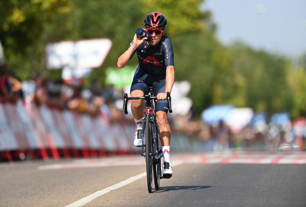 VILLANUEVA DE LA SERENA SPAIN AUGUST 27 Thomas Pidcock of United Kingdom and Team INEOS Grenadiers cools down and crosses the finishing line during the 76th Tour of Spain 2021 Stage 13 a 2037km stage from Belmez to Villanueva de la Serena lavuelta LaVuelta21 on August 27 2021 in Villanueva de la Serena Spain Photo by Stuart FranklinGetty Images