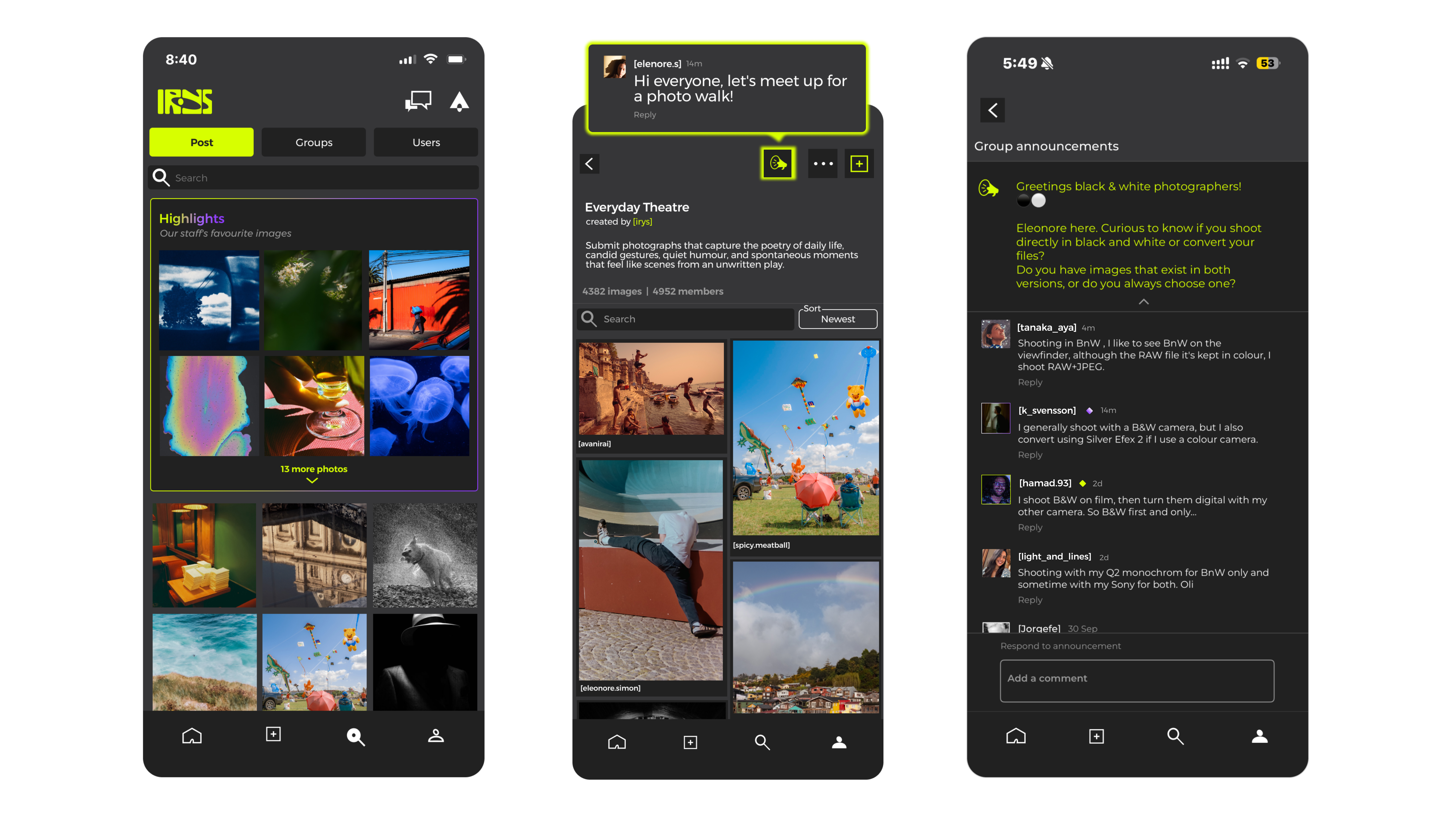 Mobile app interface showcasing a profile IRYS" highlight and community sections, featuring galleries of colorful images