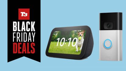 Ring Video Doorbell and Echo Show 5 bundle deal on a blue backgroun with a T3 Black Friday deals banner