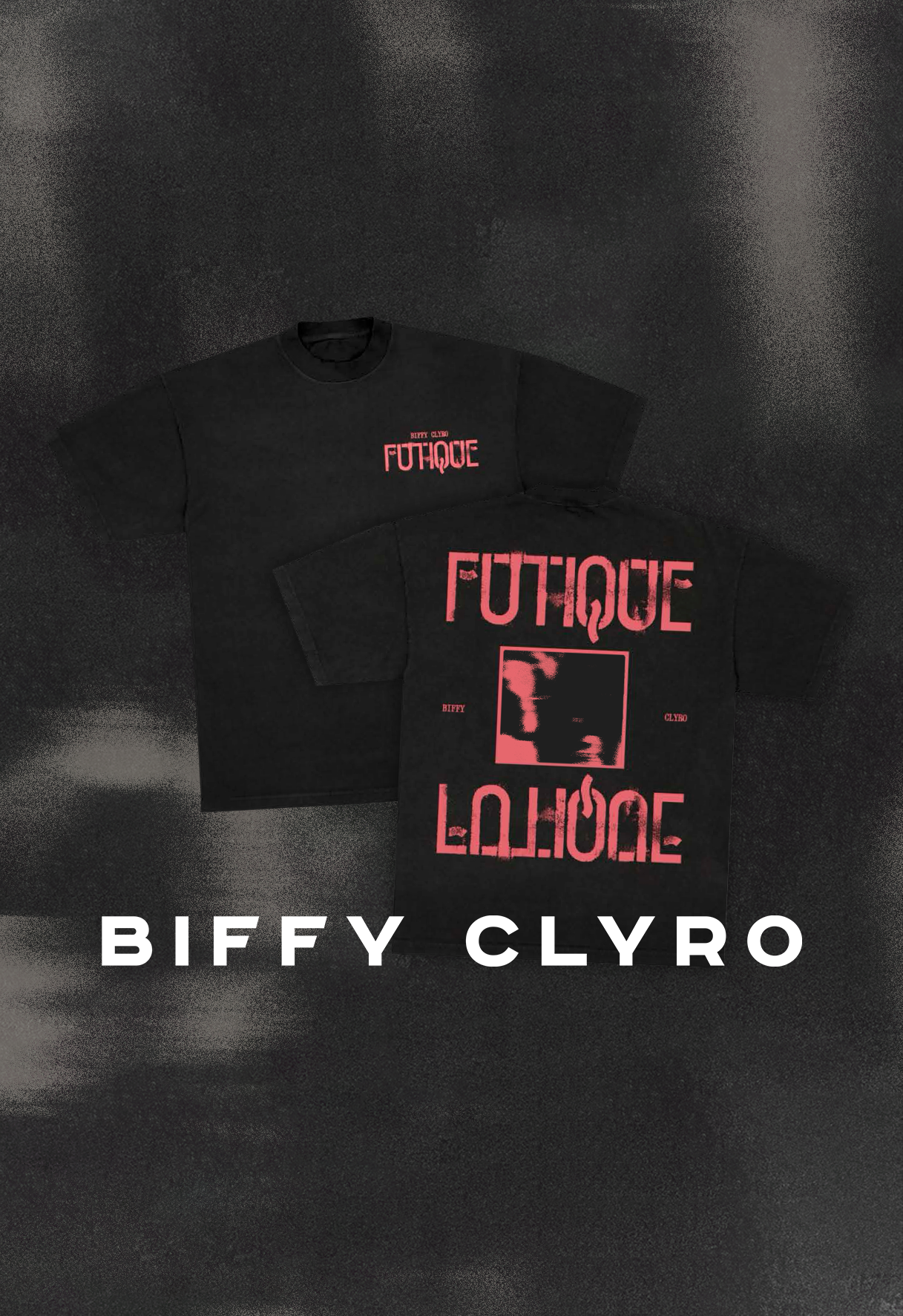 A Black Biffy Clyro shirt with an orange Futique logo on the front