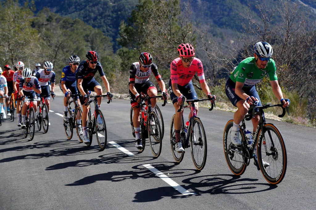 VALDEBLORE LA COLMIANE FRANCE MARCH 13 Sam Bennett of Ireland and Team Deceuninck QuickStep Green sprint jersey Neilson Powless of United States and Team EF Education Nippo David De La Cruz Melgarejo of Spain and UAE Team Emirates Laurens De Plus of Belgium and Team INEOS Grenadiers during the 79th Paris Nice 2021 Stage 7 a 119km stage from Le Broc to Valdeblore La Colmiane 1501m Stage itinerary redesigned due to COVID19 lockdown imposed in the city of Nice ParisNice on March 13 2021 in Valdeblore La Colmiane France Photo by Bas CzerwinskiGetty Images