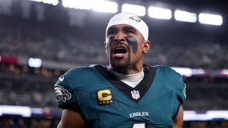 Jalen Hurts #1 of the Philadelphia Eagles reacts in the end zone prior to the game against the Dallas Cowboys at Lincoln Financial Field on September 04, 2025 in Philadelphia, Pennsylvania.