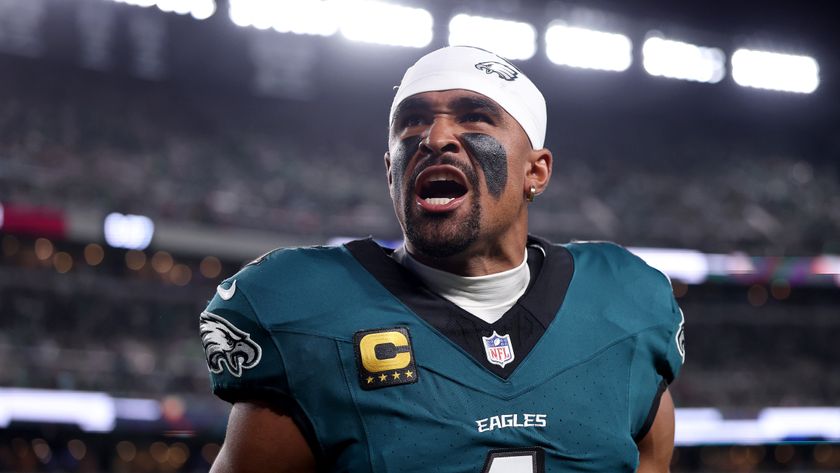 Jalen Hurts #1 of the Philadelphia Eagles reacts in the end zone prior to the game against the Dallas Cowboys at Lincoln Financial Field on September 04, 2025 in Philadelphia, Pennsylvania.