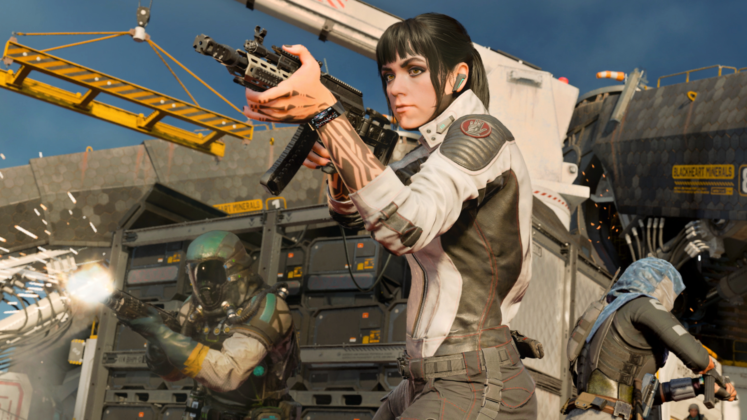 BO7 meta guns: Emma Kagan aiming a rifle at enemies off-screen while two other soldiers fire behind her in a cargo area.