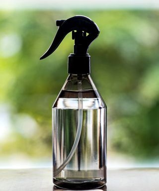 A clear spray bottle with black top with clear liquid inside