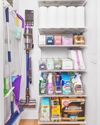 Small closet with supplies and organized shelves