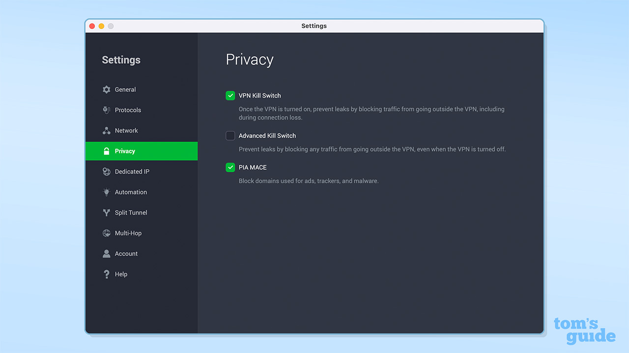 PIA&#039;s settings showing privacy settings