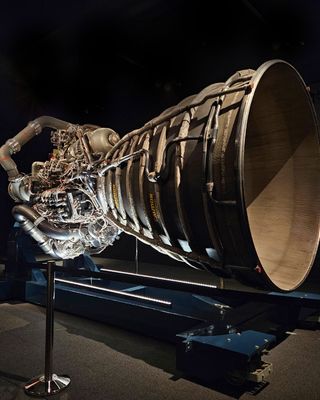 closeup view of a rocket engine in a museum