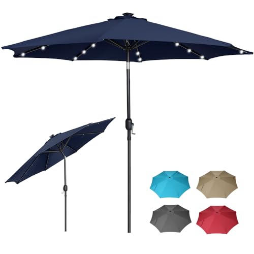 Panana 2.7m Garden Parasol With 24 Solar Led Lights, Tilting Patio Umbrella With Crank Handle, Uv Protection Sun Shade Market Parasol for Garden, Deck, Pool &amp;amp; Terrace (dark Blue)