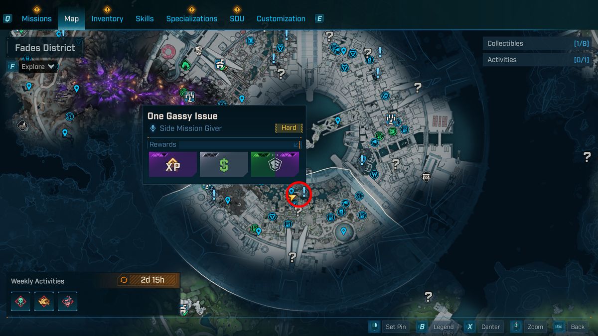 Borderlands 4 UVHM unlocks: A map with a red circle showing the location of the One Gassy Issue quest in Dominion's Fade District.
