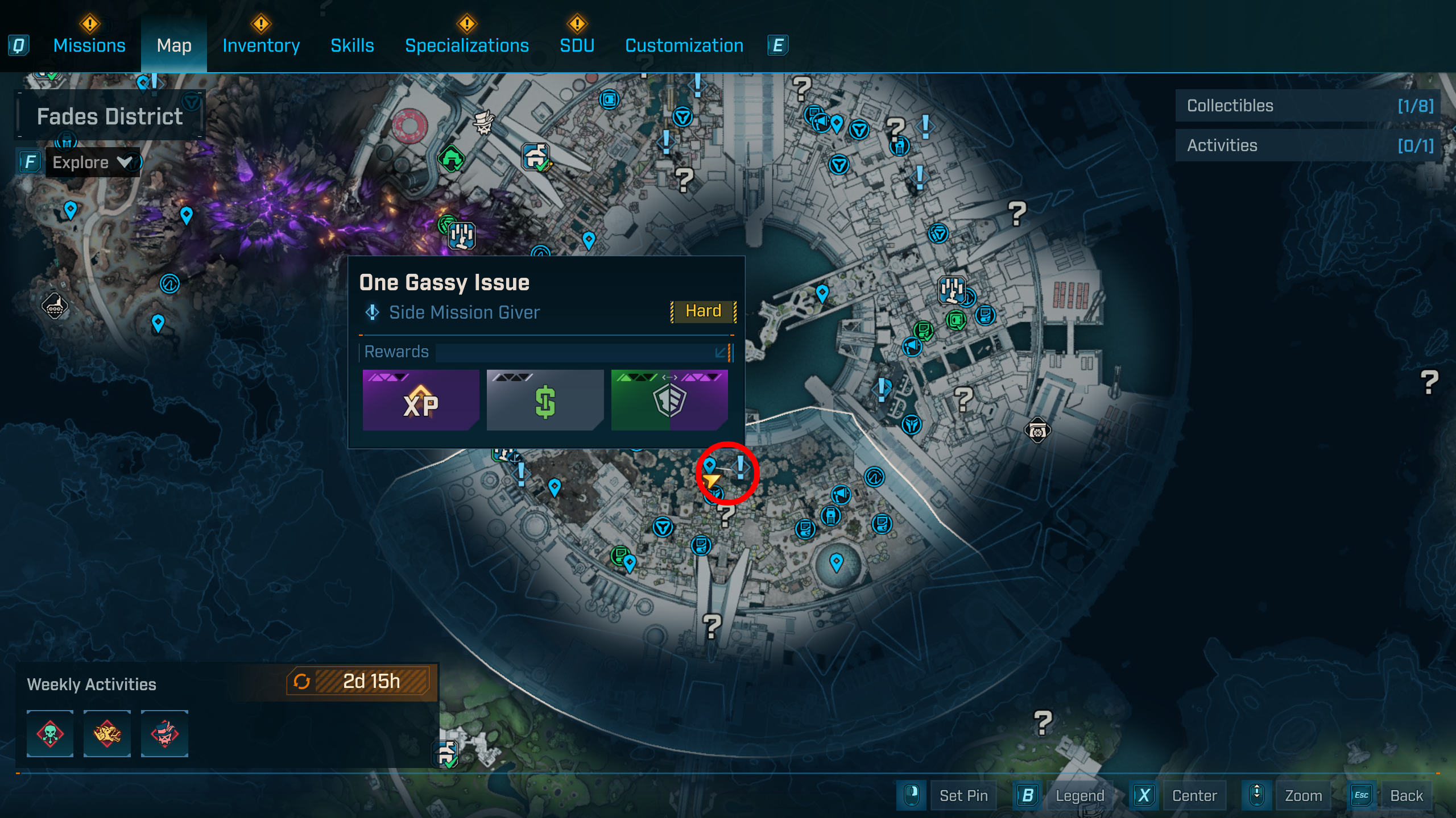 Borderlands 4 UVHM unlocks: A map with a red circle showing the location of the One Gassy Issue quest in Dominion's Fade District.