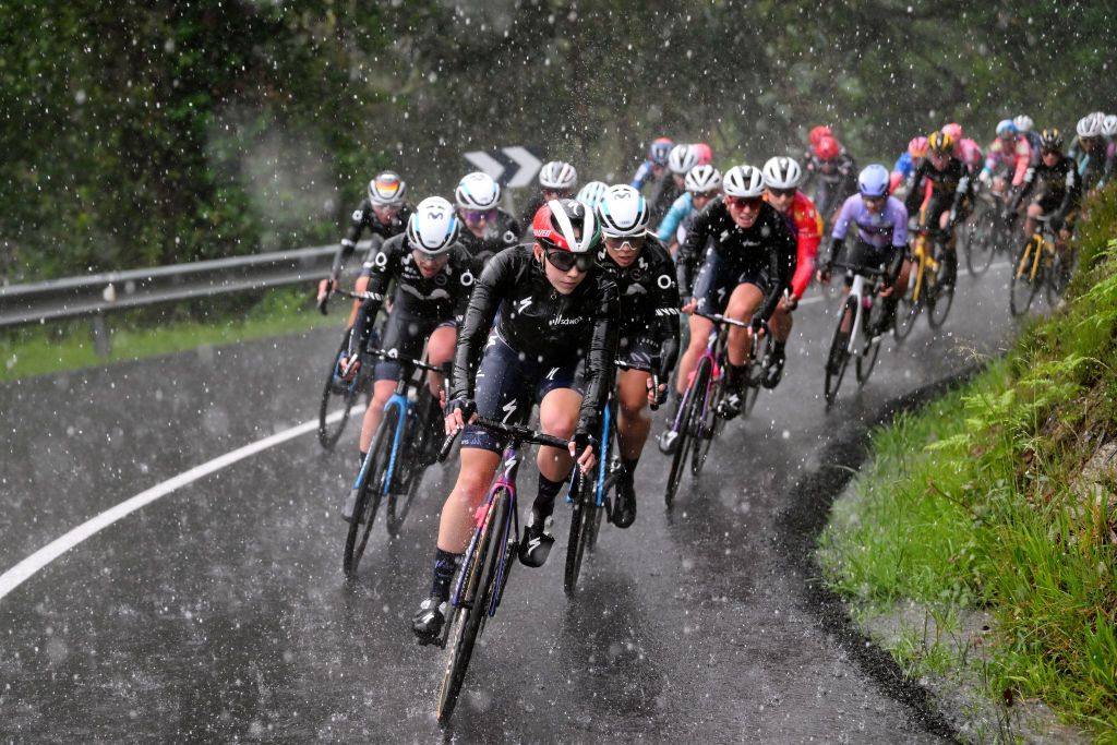 MARKINA SPAIN MAY 12 A general view of Blanka Vas of Hungary and Team SD Worx leads the peloton during the 2nd Itzulia Women 2023 Stage 1 a 1222km stage from Etxebarria to MarkinaXemein UCIWWT on May 12 2023 in Markina Spain Photo by Dario BelingheriGetty Images