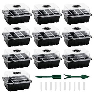 Seed Trays Seedling Tray 10-Pack, Sturdy Seed Starter Tray Kit With Humidity Adjustable Dome Lid & Base, Mini Propagator Greenhouse Plant Growing Trays for Seeds Germination -12 Cells Per Tray