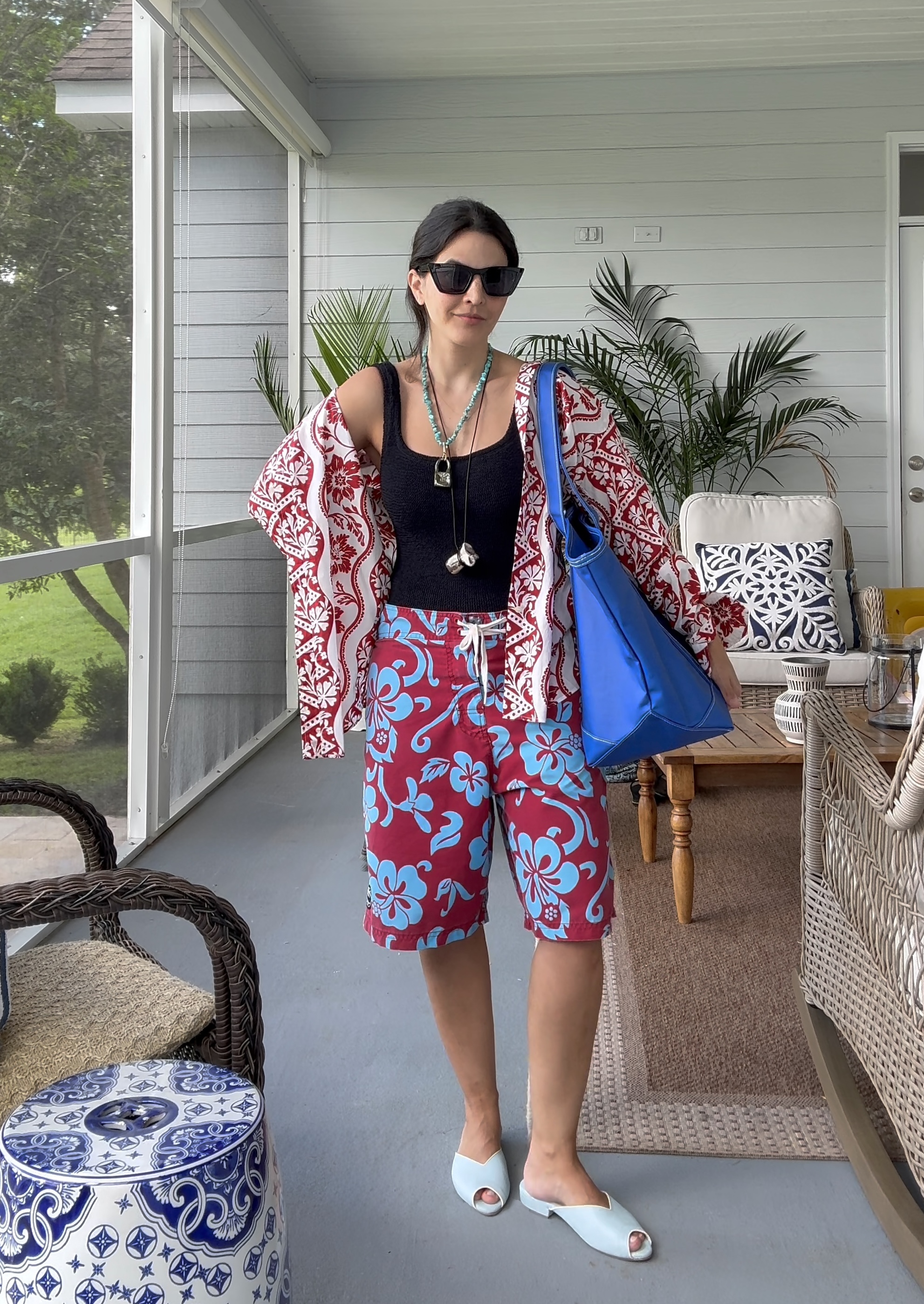 fashion writer Laura Kirk wearing board shorts