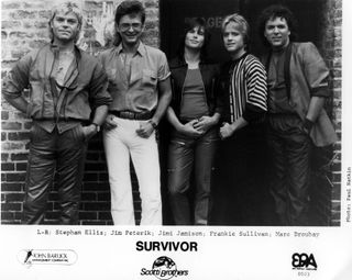 (L-R) Stephen Ellis, Jim Peterik, Jimi Jamison, Frankie Sullivan and Marc Droubay of the rock and roll band "Survivor" pose for a portait in March 1985.