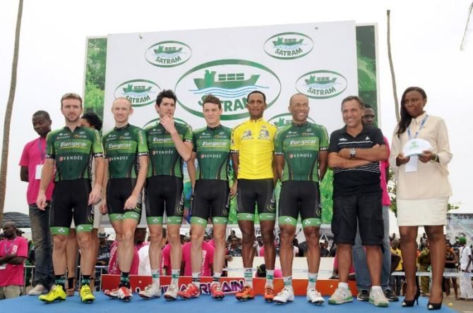 Natnael Berhane and his Europcar teammates on the podium of Tropicale Amissa Bongo.