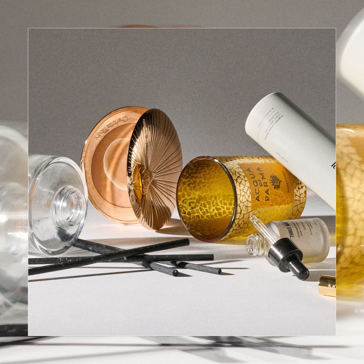 Shannon Lawlor's empty beauty products from January 2026, including Charlotte Tilbury nronzer, Jo Malone London diffusers, Merit brow gel, Lelive cleanser and Acqua di Parma candle