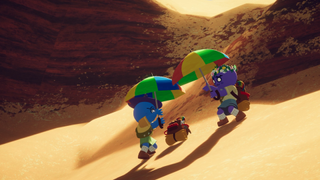 Two scouts holding umbrellas in the mesa biome in Peak on the sand