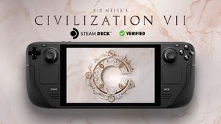 A Steam Deck with the Civ 7 logo on its screen