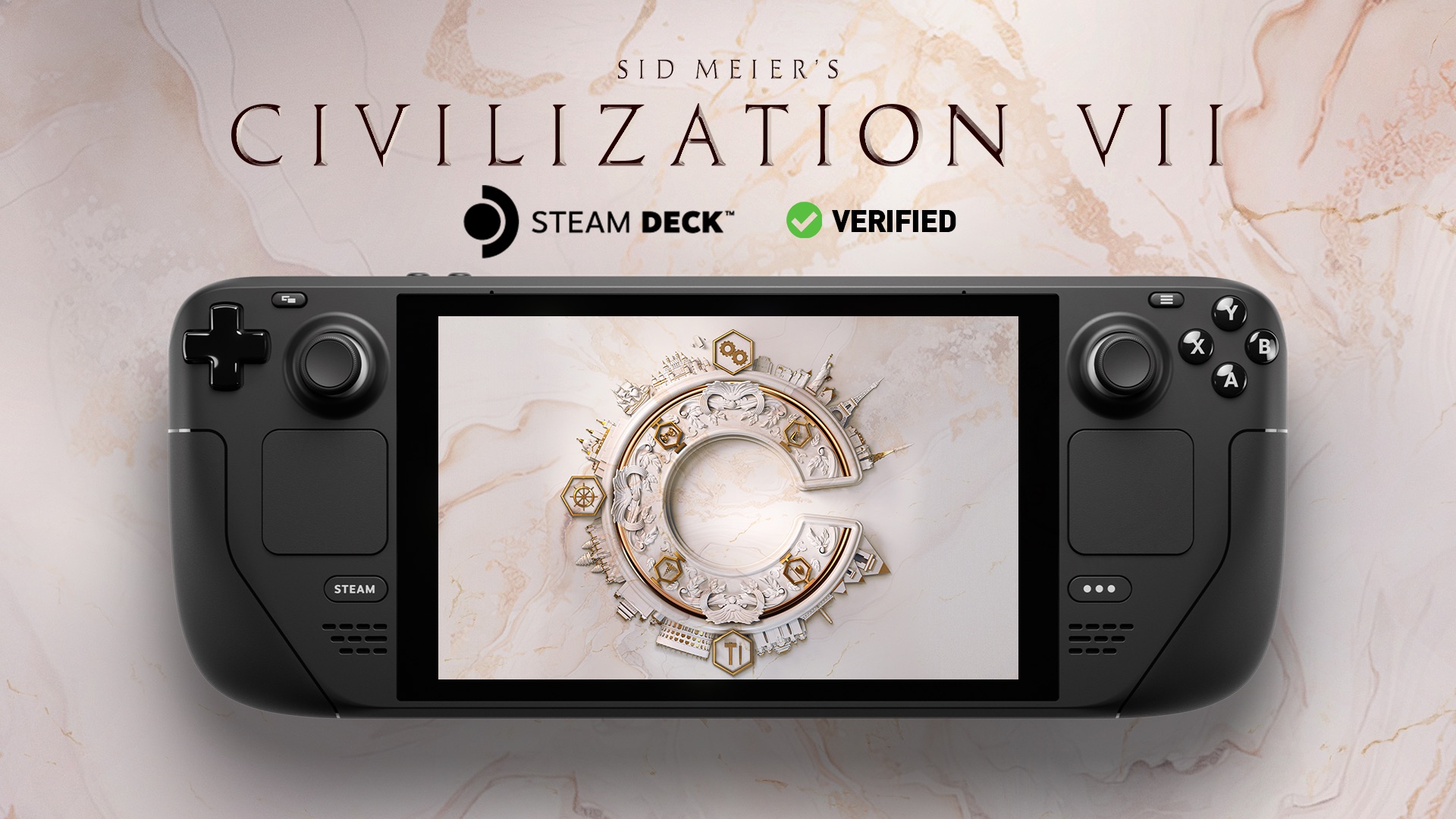 A Steam Deck with the Civ 7 logo on its screen