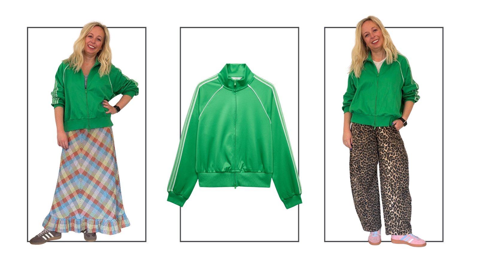 Antonia Kraskowski wearing outfits styled with a green track top from M&amp;S