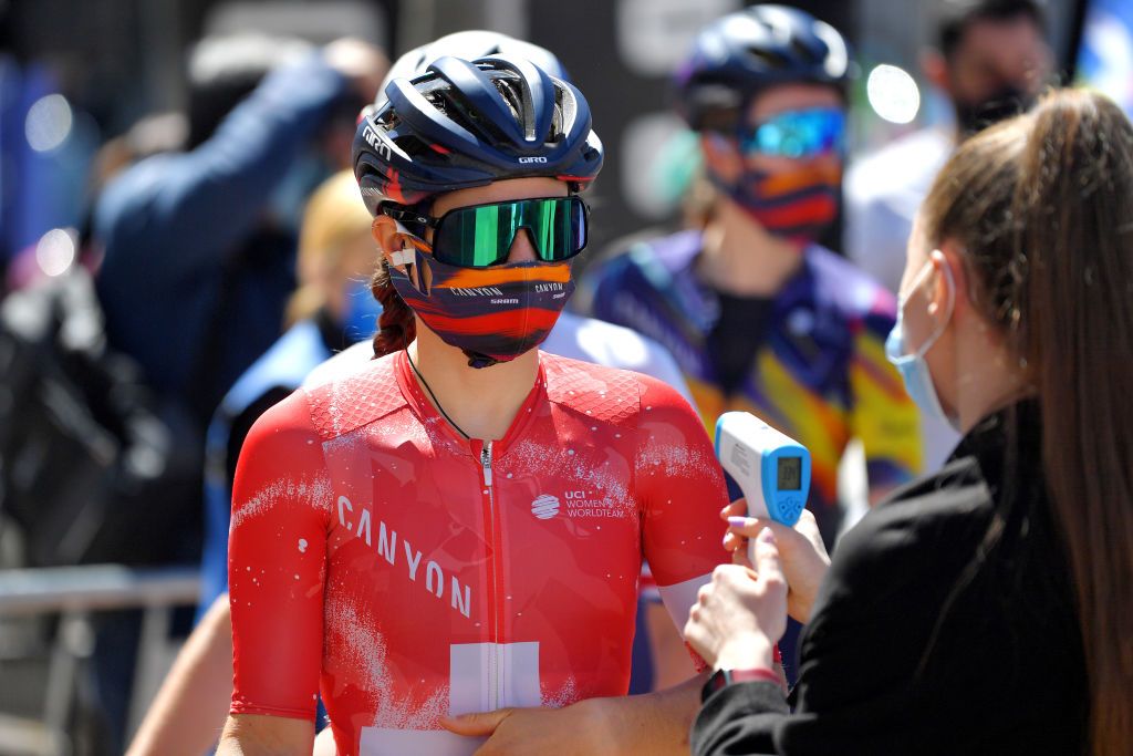 SARGENTES DE LA LORA SPAIN MAY 20 Elise Chabbey of Switzerland and Team Canyon SRAM Racing at start during the 6th Vuelta a Burgos Feminas 2021 Stage 1 a 100km stage from Villadiego to Sargentes de la Lora 1013m Team Presentation Temperature control Covid safety measures VueltaBurgos BurgosFem UCIWWT on May 20 2021 in Sargentes de la Lora Spain Photo by Luc ClaessenGetty Images