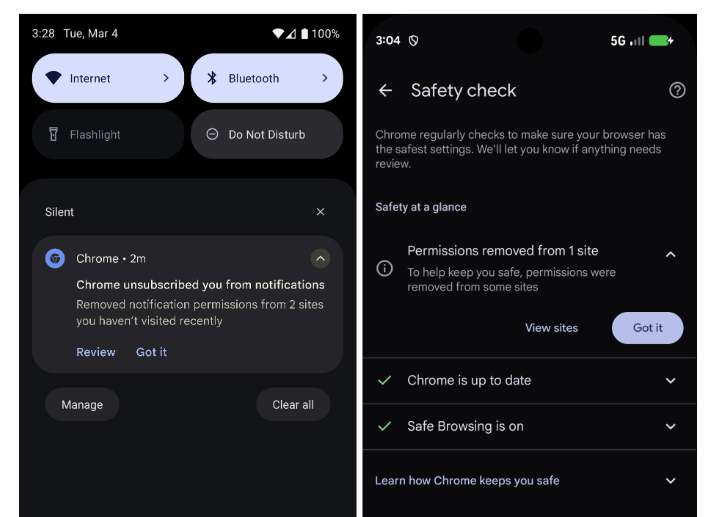 Google Chrome Safety Check notifications pause