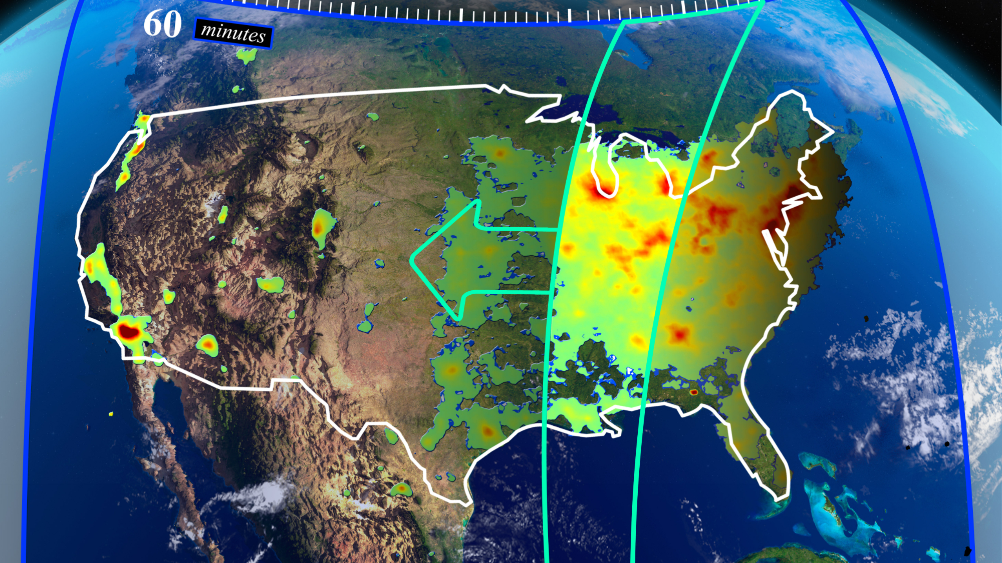 Een kaart van luchtverontreinigende stoffen in Noord-Amerika, getekend door NASA's Tempo-instrument.