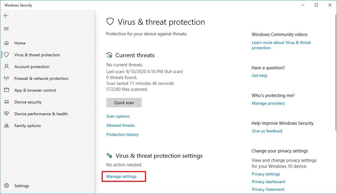 Windows security settings